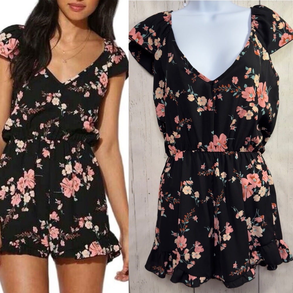 Pins and Needles Black Floral Romper Ruffle Hem Boho Festival Coquette Size S